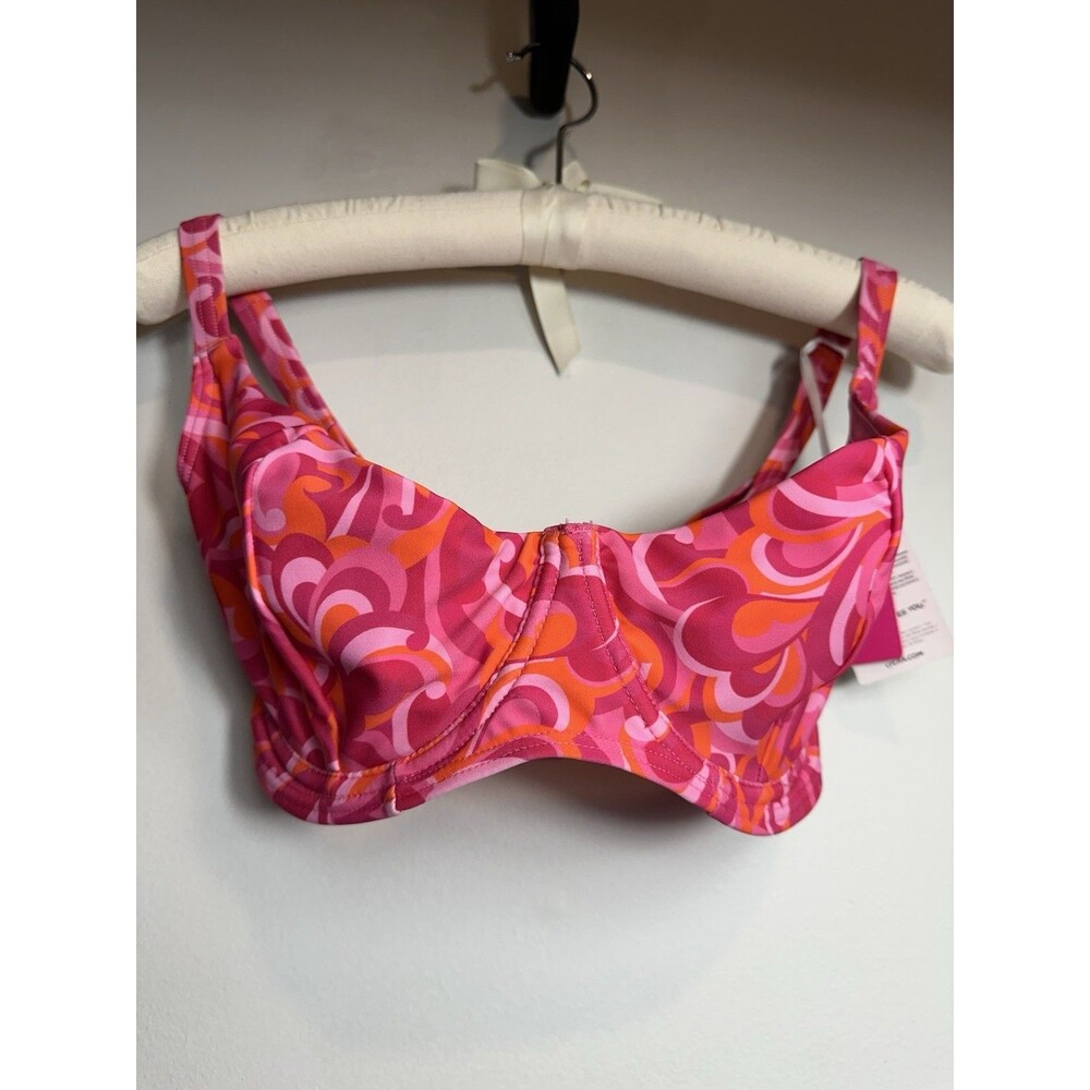 NWT Curvy Kate Retro Wave Balcony Bikini Top Pink Orange US 30J | UK 30GG